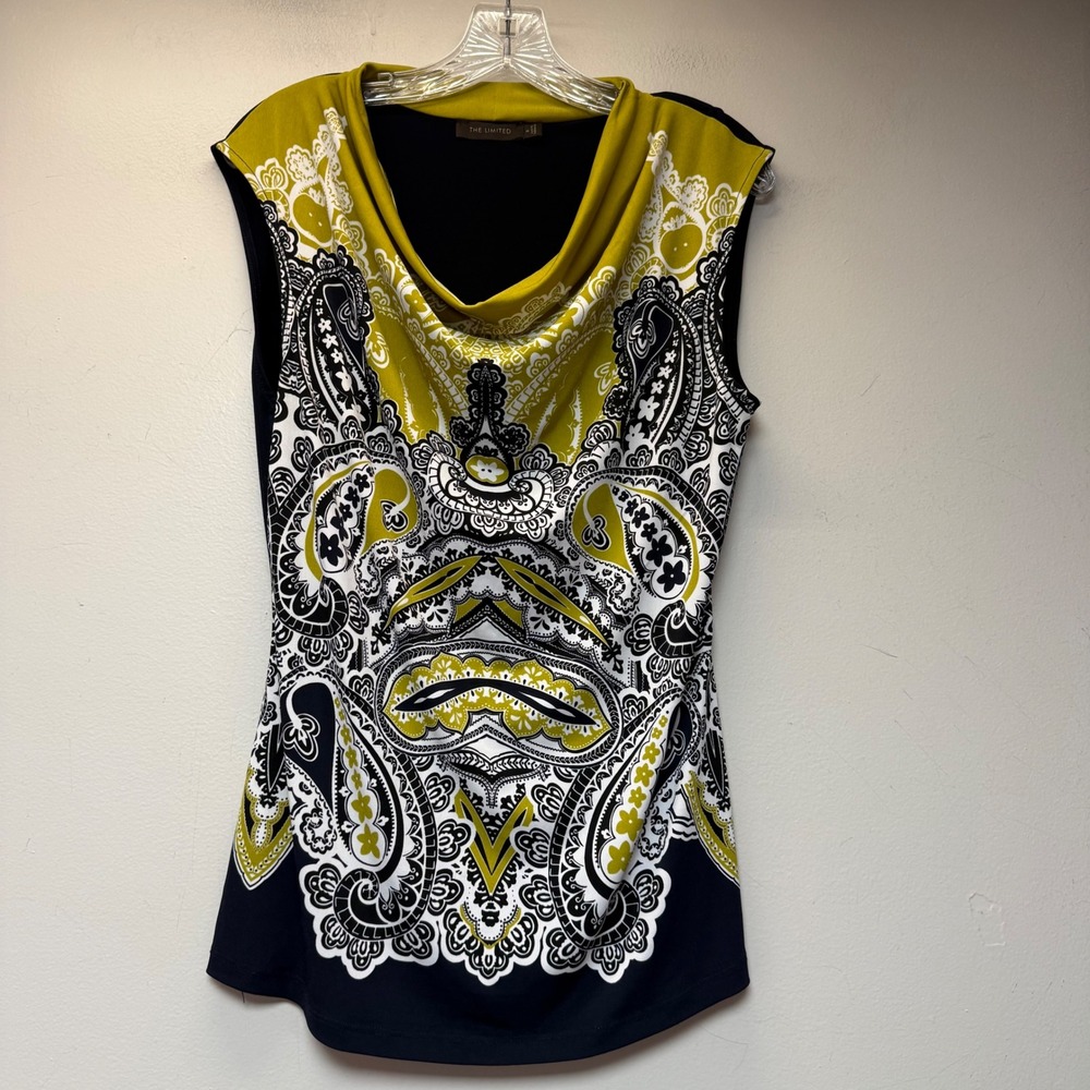 The Limited Paisley Cowl Neck Top Womens Medium Yellow Black Sleeveless Excelle